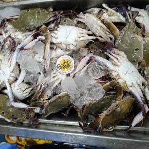 Fresh 3 Spot Crabs displayed on a bed of crushed ice in a metal tray at Fish Park market, showing distinct spots on their shells