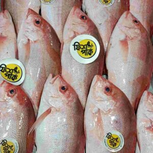 Fresh whole premium Lal Pansha fish displaying a vivid reddish-pink color and authentic yellow Fish Park quality stickers, arranged beautifully on a retail display bed of ice.